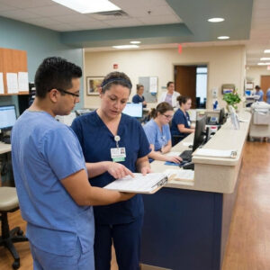 A male patient care technician and a female nurse discuss a patient's medical chart together at a busy nurses' station.