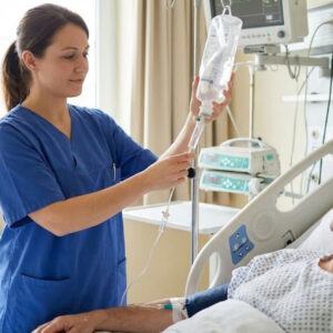 a nurse calmly attending to a patient in a hospital bed while checking an IV drip