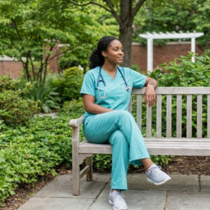 A nurse in scrubs sits on a bench