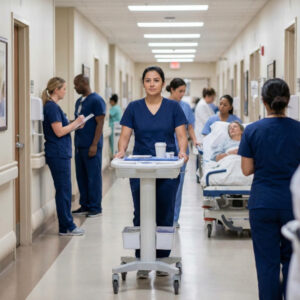 A female patient care technician calmly pushes a medical cart down a busy, bustling hospital hallway.