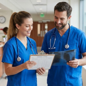 two medical professionals in scrubs discussing a patient chart