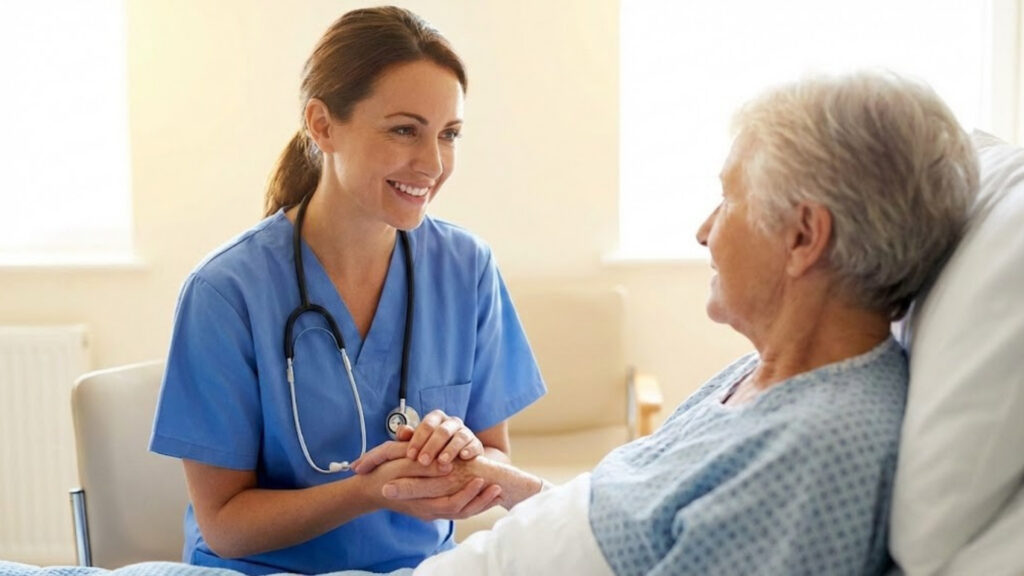 A female nurse with a warm expression holds an elderly patient's hand