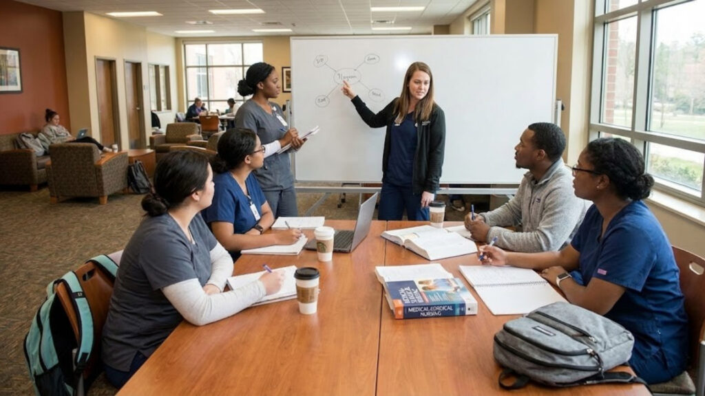 group of nurses in scrubs collaborating