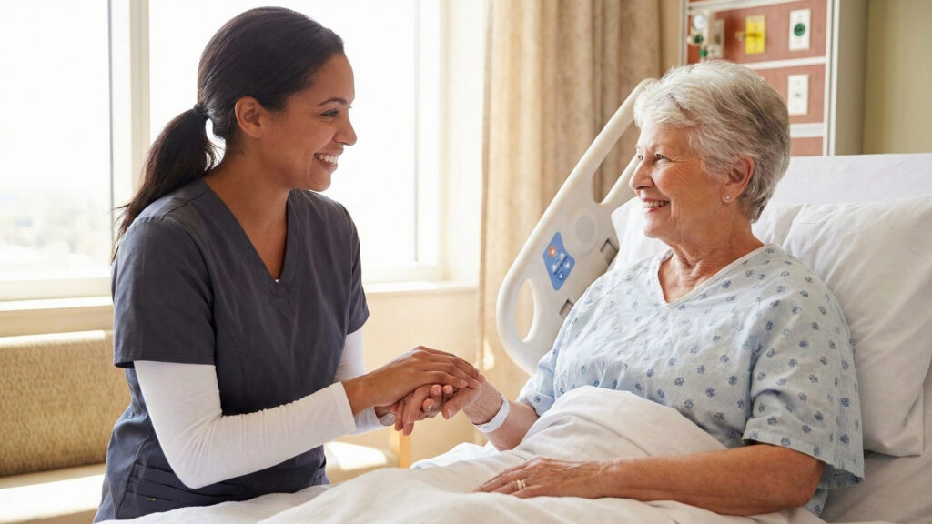 A patient care technician and an elderly patient share a warm, compassionate moment in a sunlit hospital room.
