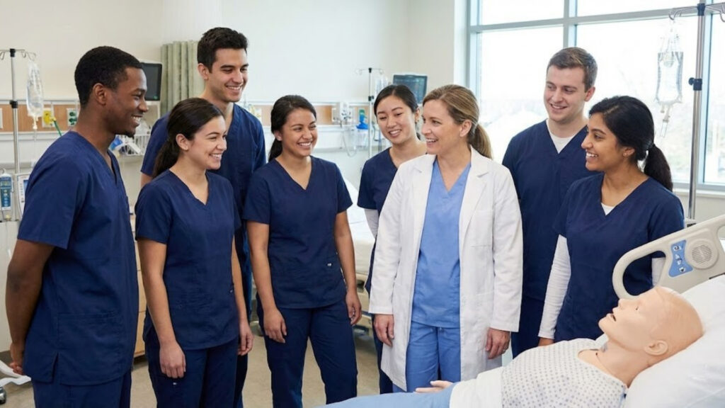 a group of nursing students in scrubs with their instructor