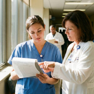 Nursing student and preceptor reviewing a chart