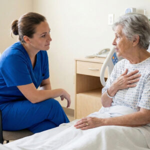 patient care technician in blue scrubs sitting by a hospital bed