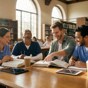 nursing students laughing while studying together