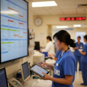 nurse at a station prioritizing patient tasks on a digital board