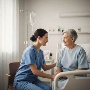 nurse sitting by a hospital bed