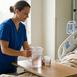 patient care technician gently placing a fresh pitcher of water on a patient's bedside table