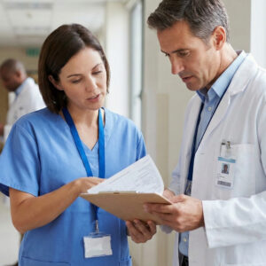 nurse discussing a patient's chart with a doctor