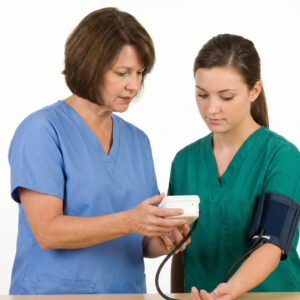 LPN demonstrates a medical task to a younger nursing student