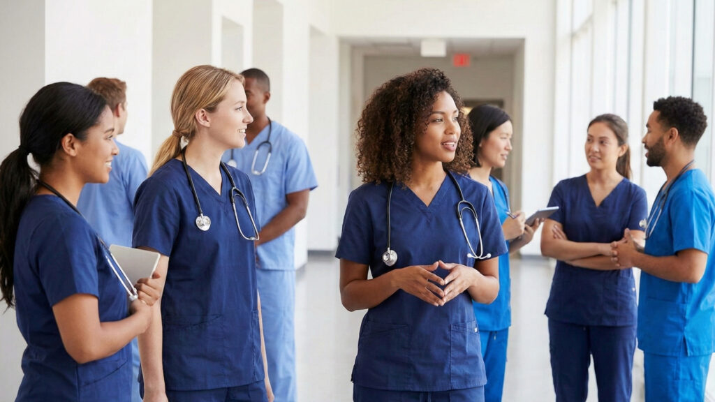 Nursing students in a hallway