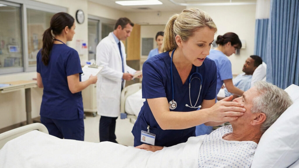 A nurse in a busy hospital room