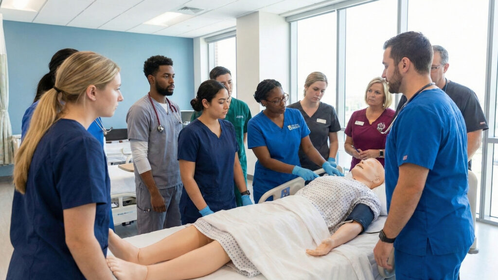 A group of nursing students in a simulation lab
