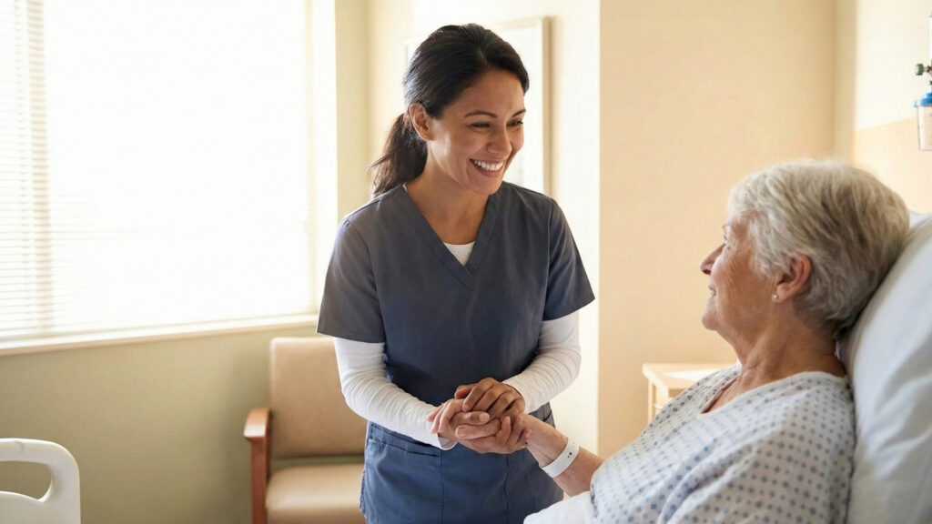 patient care technician smiling warmly at an elderly patient