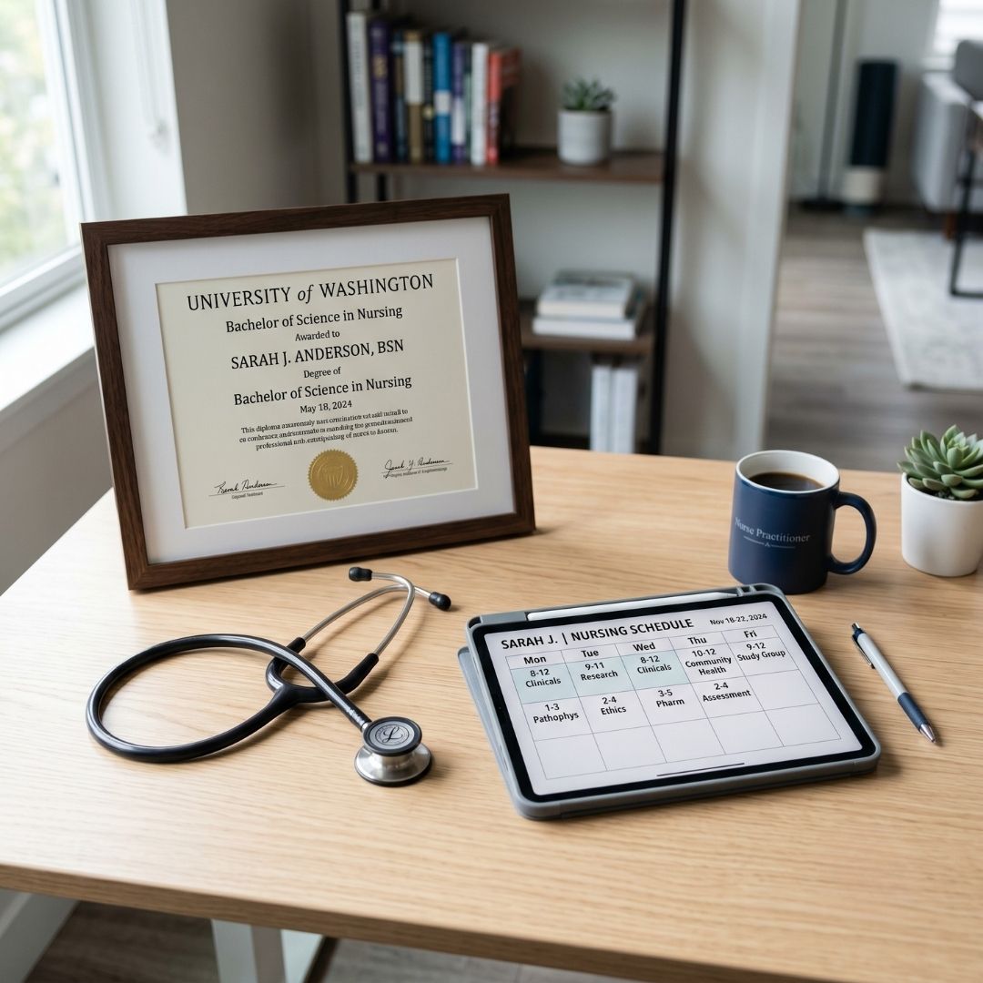 A nurse graduation diploma resting on a clean desk next to a stethoscope, symbolizing career advancement.