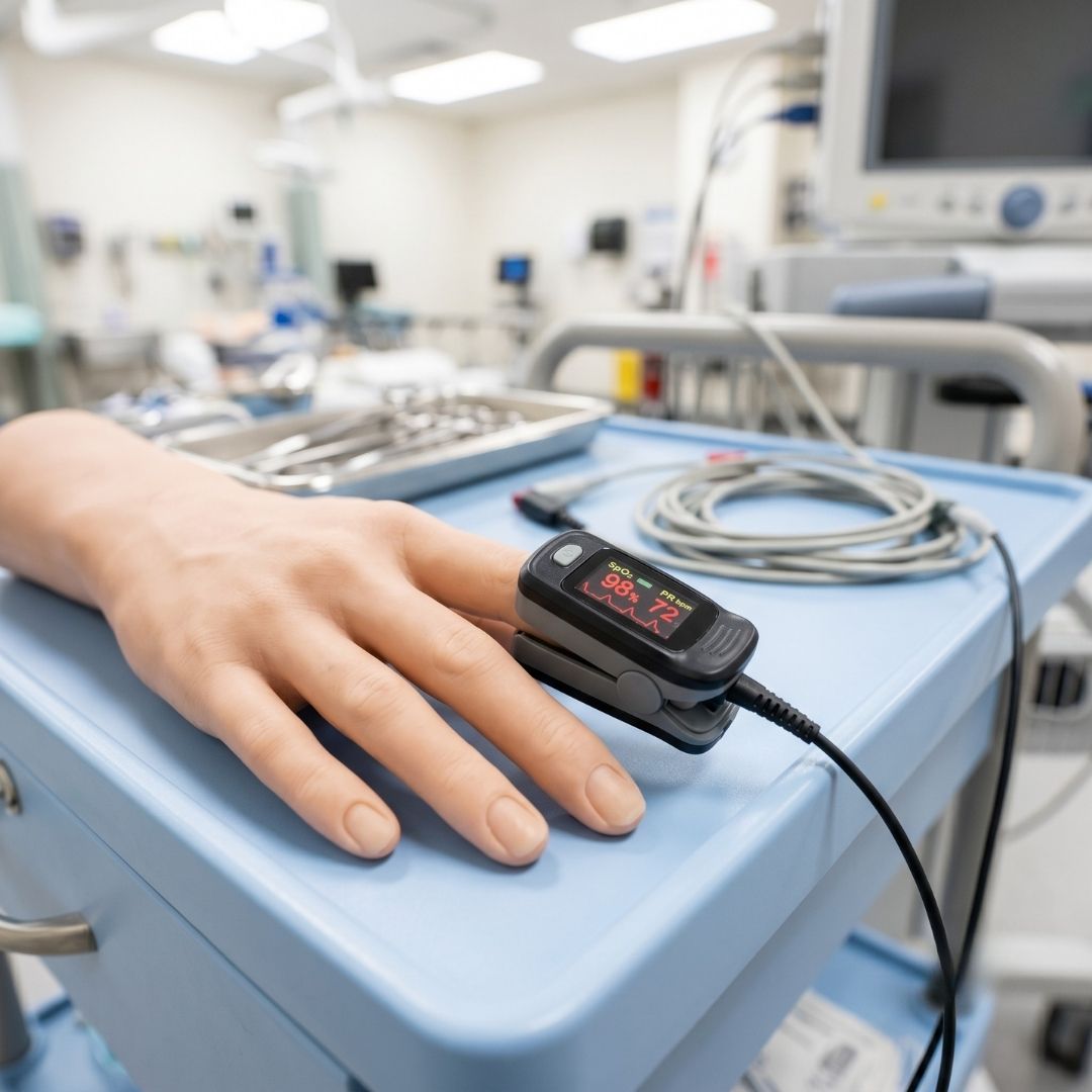 Detail of medical training equipment and patient simulator in a modern nursing learning laboratory.