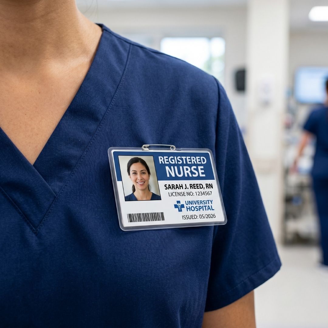 Close-up of a registered nurse badge pinned to a professional navy blue scrub top.