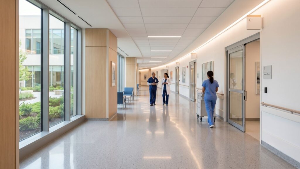 A clean, modern hospital hallway with bright lighting and polished floors, representing a professional healthcare setting.