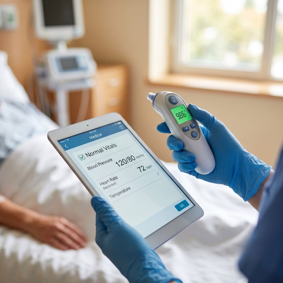 Close up of a nurse recording a patient's vital signs on a digital tablet.