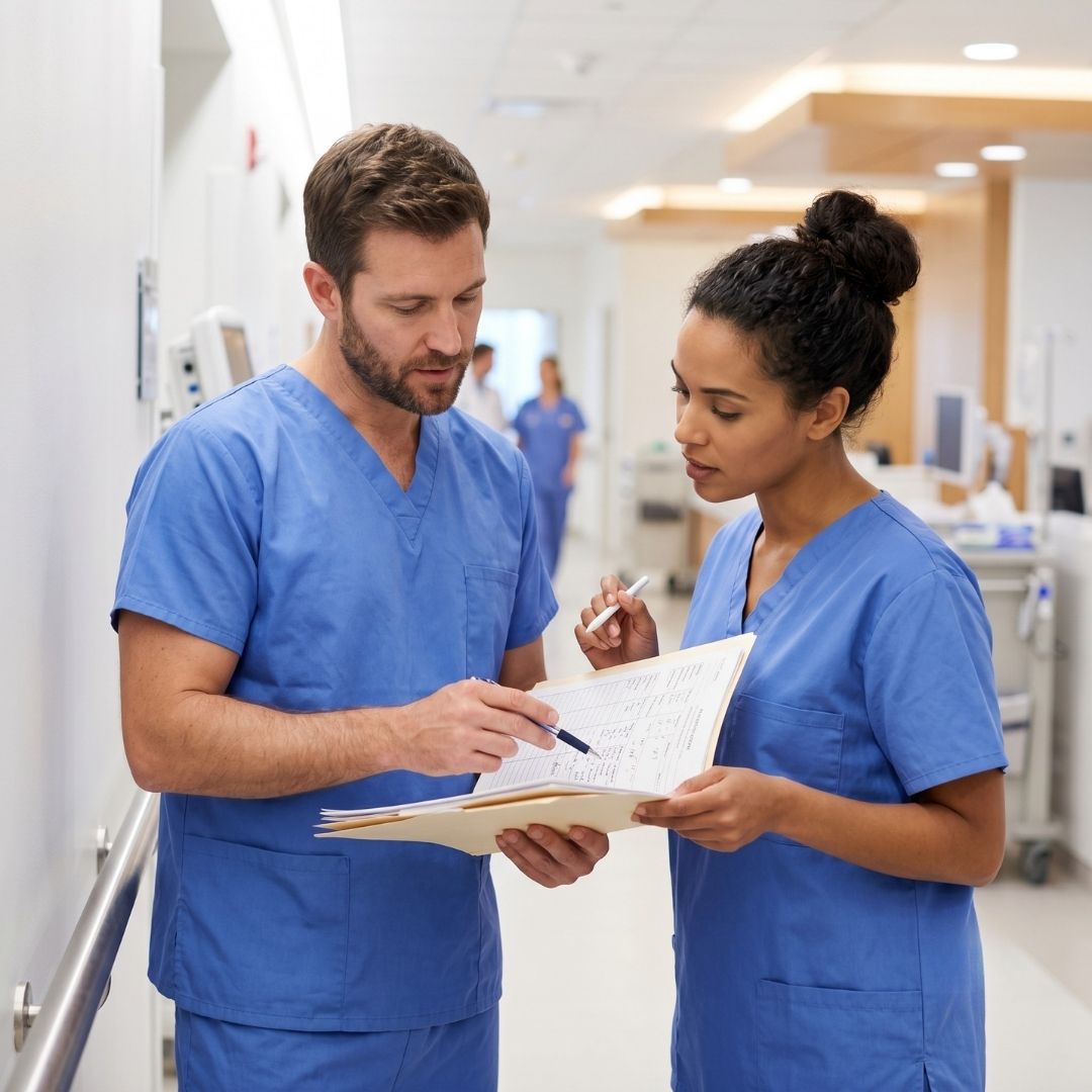 Medical professionals discussing patient care details in a modern hospital.