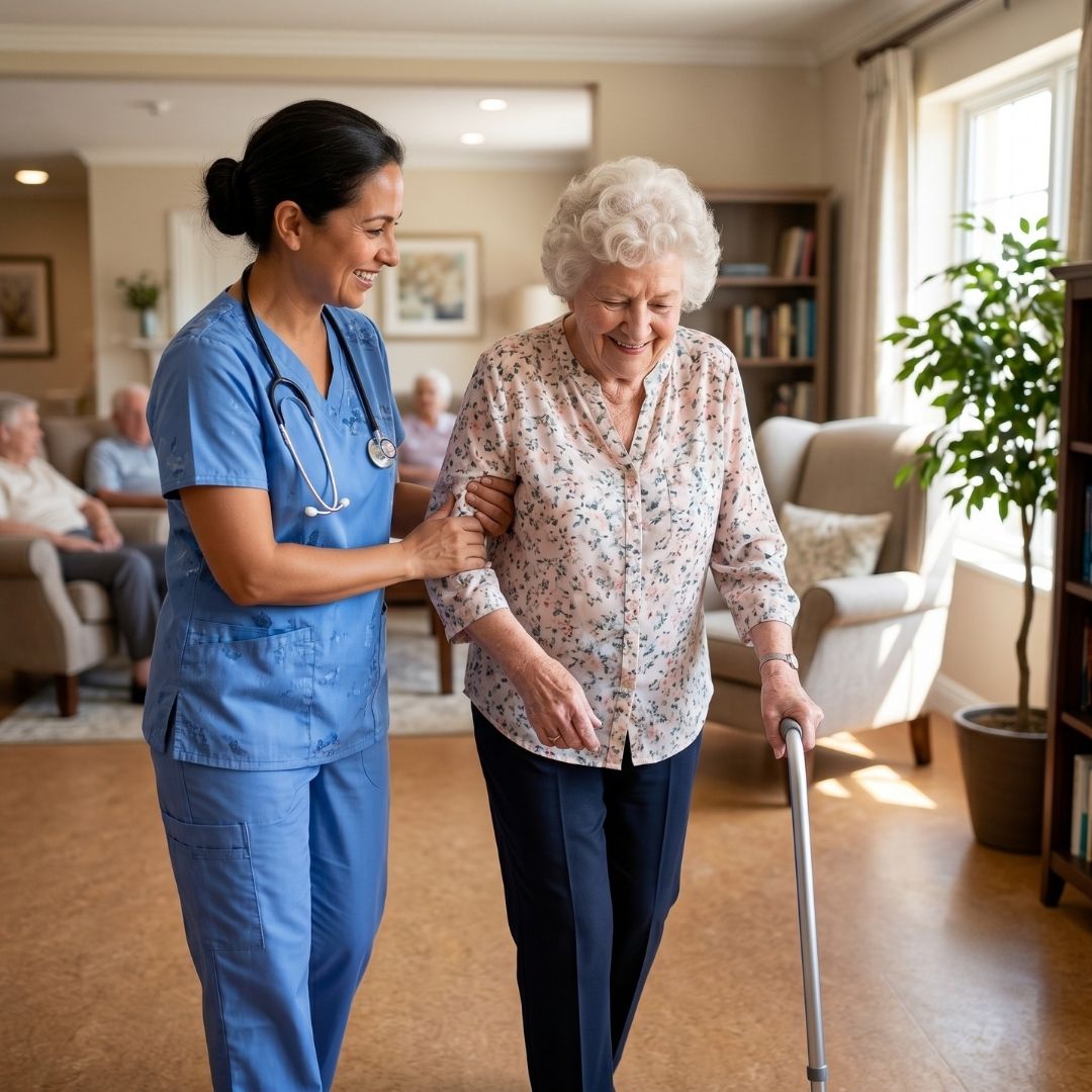 Caring nurse helping a smiling elderly woman walk in a long-term care center.