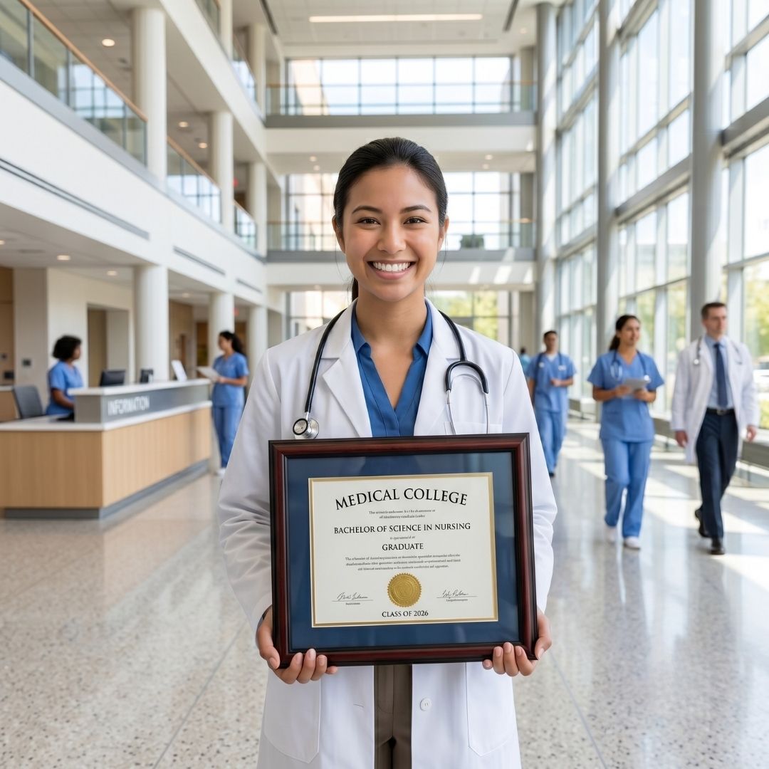 Proud nursing graduate holding a diploma in a bright medical academic setting.