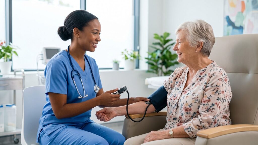Confident nurse taking the blood pressure of a senior patient in a bright room.