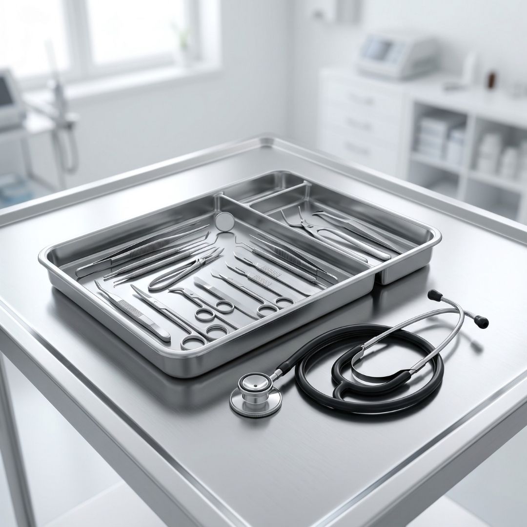 Organized tray of pristine medical instruments and a stethoscope resting on a sterile stainless steel table.