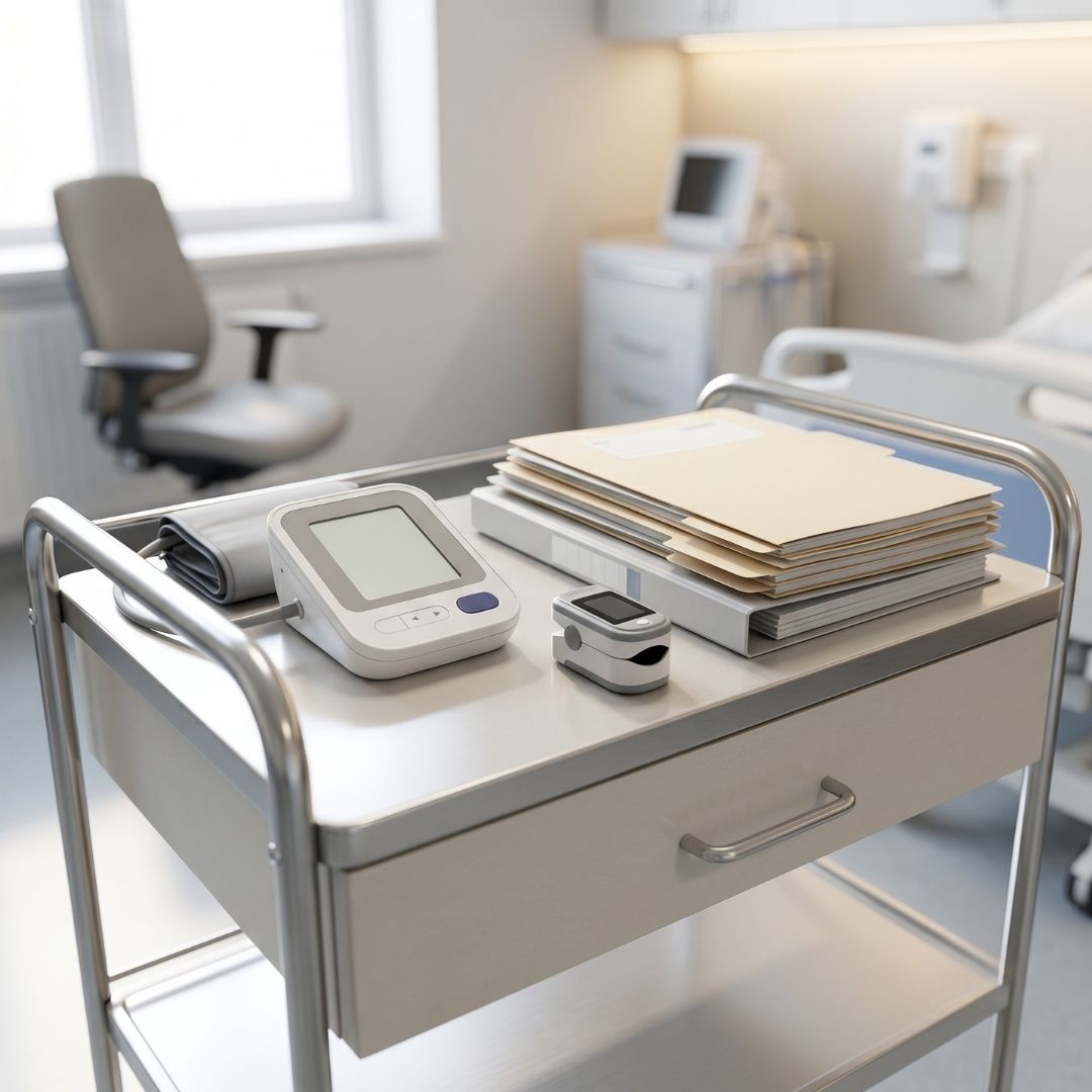 Modern digital blood pressure monitor and pulse oximeter on a sanitized medical cart with fresh charts.