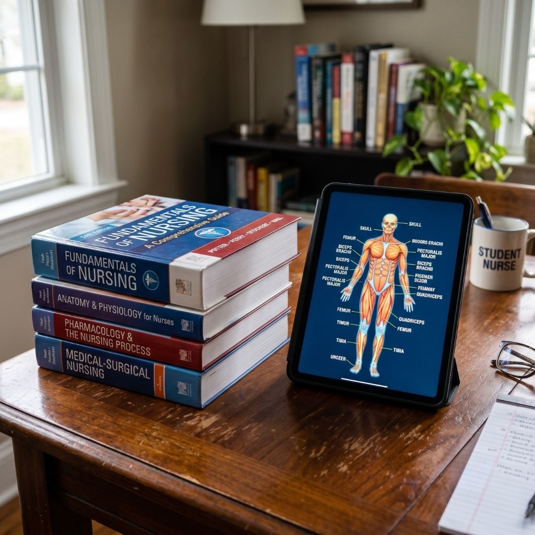 Stack of nursing textbooks and a glowing tablet showing an anatomy chart on a polished wooden desk.