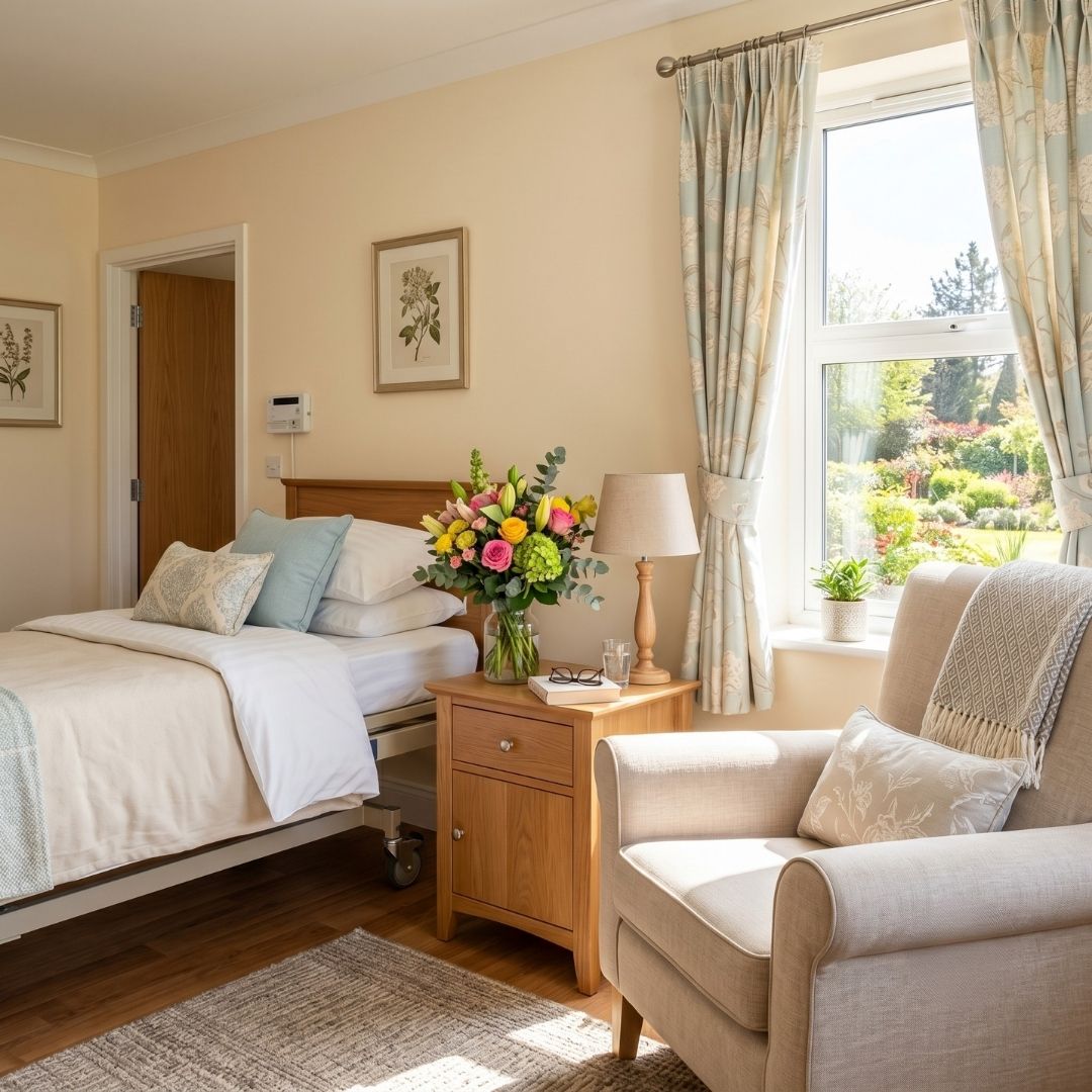 Bright and comfortable patient room with a cozy armchair, fresh flowers, and warm sunlight from a window.