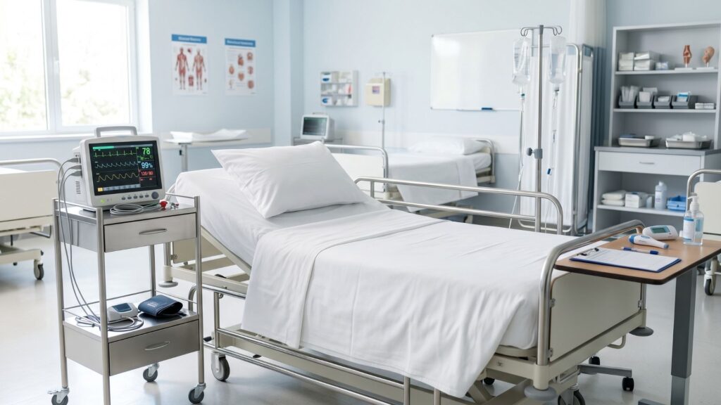 Clean and modern clinical training room with a freshly made hospital bed and medical monitoring equipment.