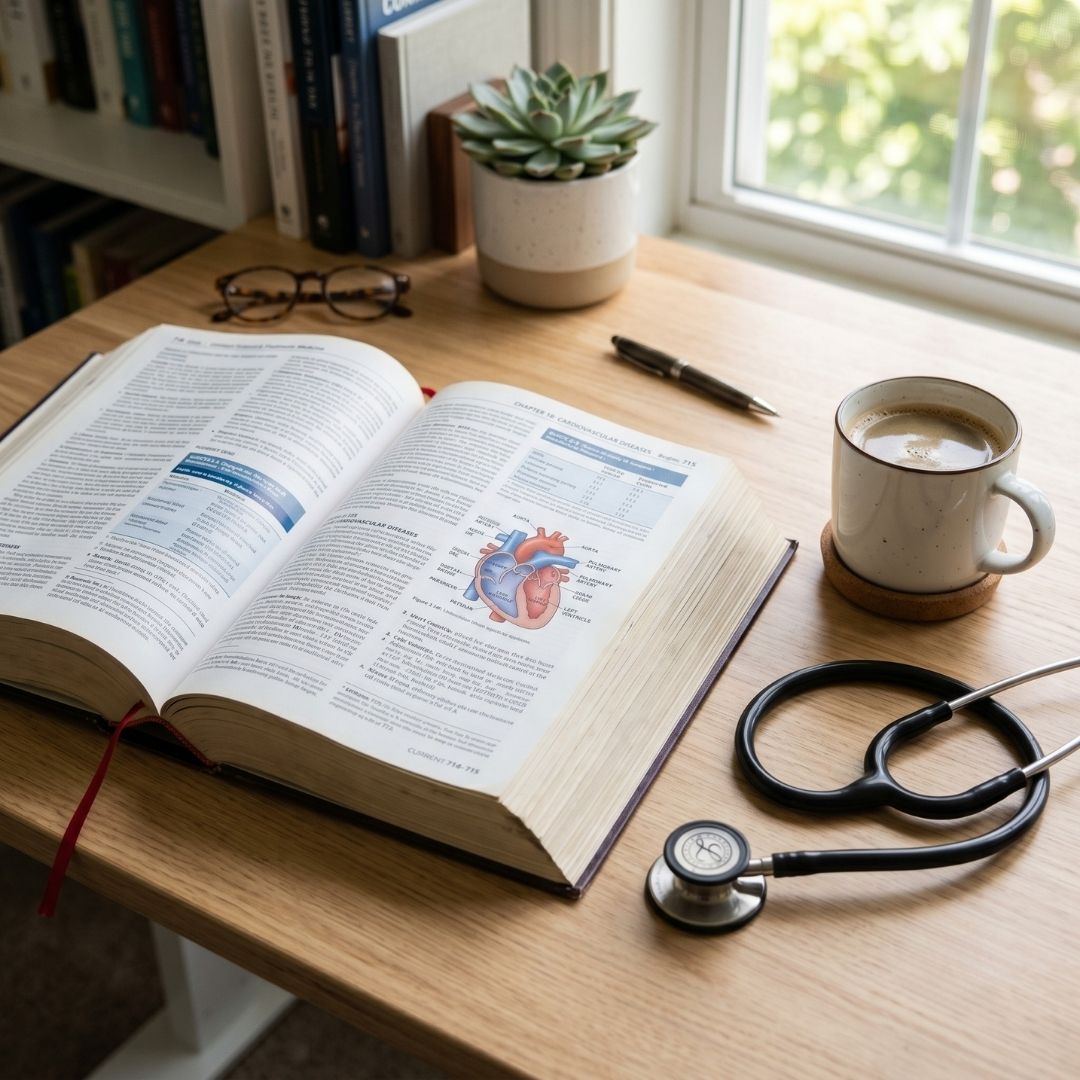 Open medical textbook and modern stethoscope on a neat desk.