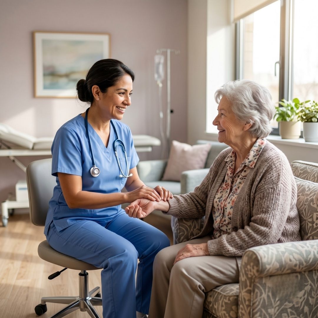 Caring nurse checking an elderly patient's pulse in a clinic.