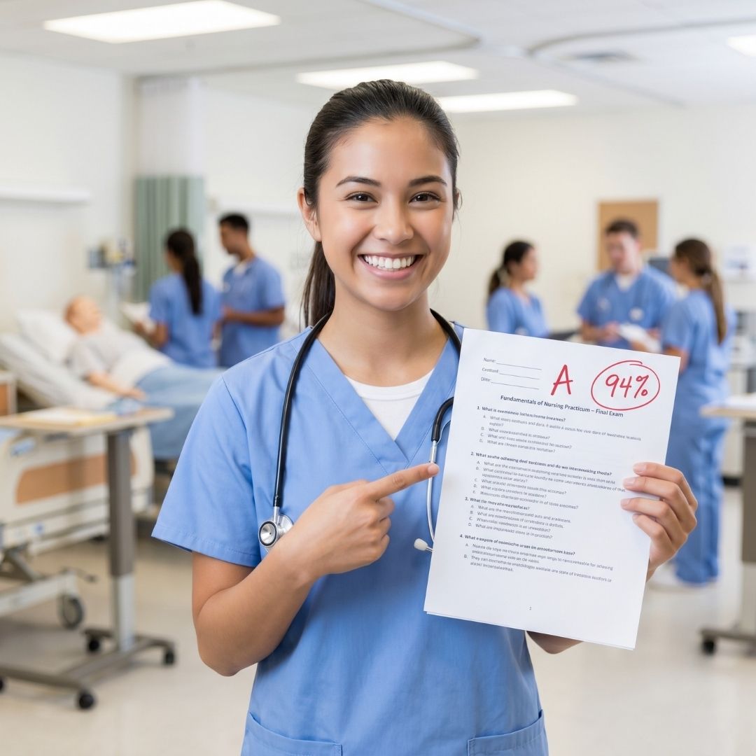 Proud student nurse holding a successfully passed nursing exam.