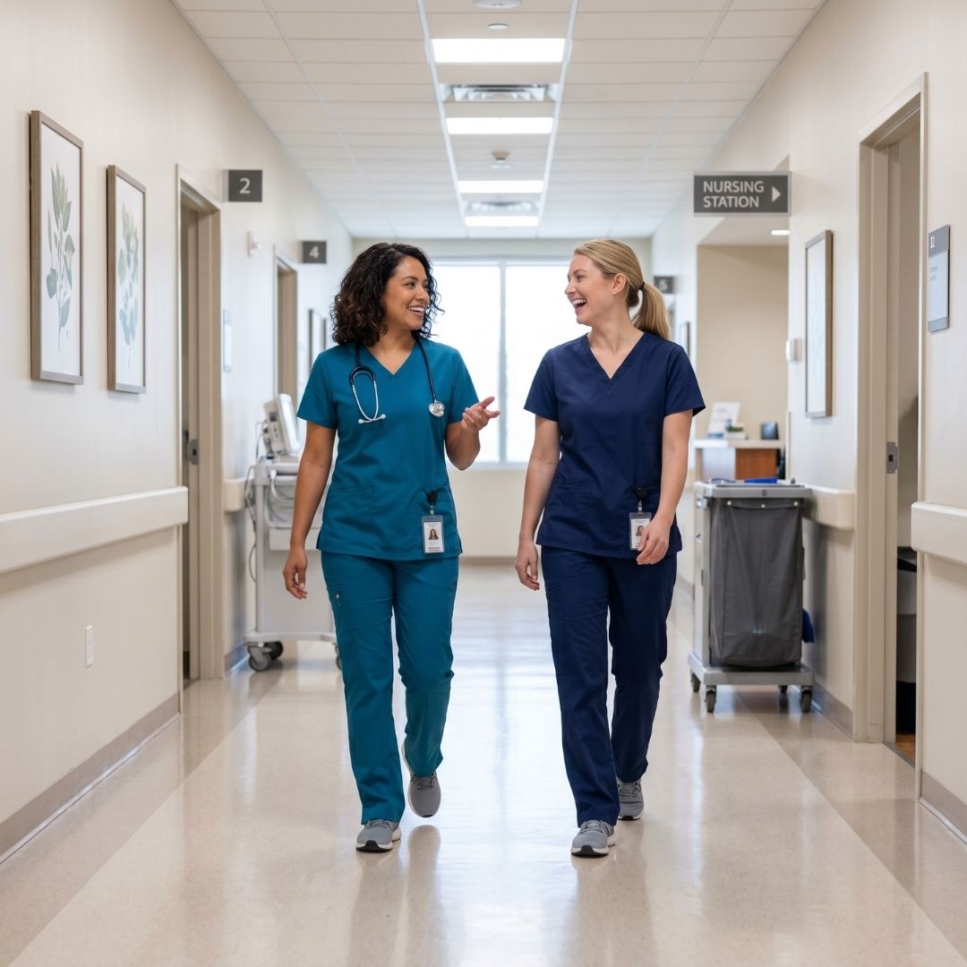 Two cheerful nurses walking together in a hospital corridor.
