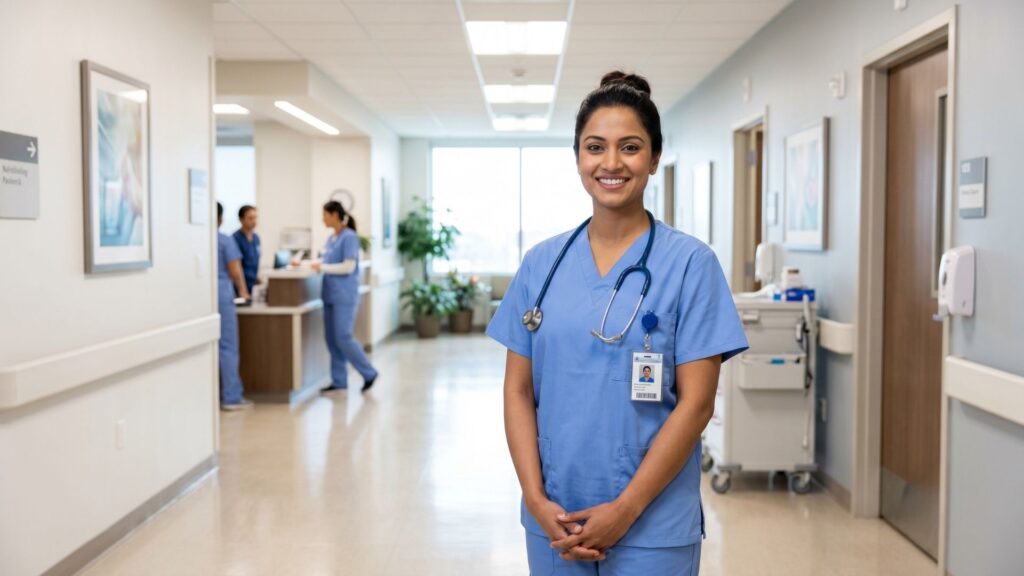 Confident registered nurse standing in a modern hospital hallway.